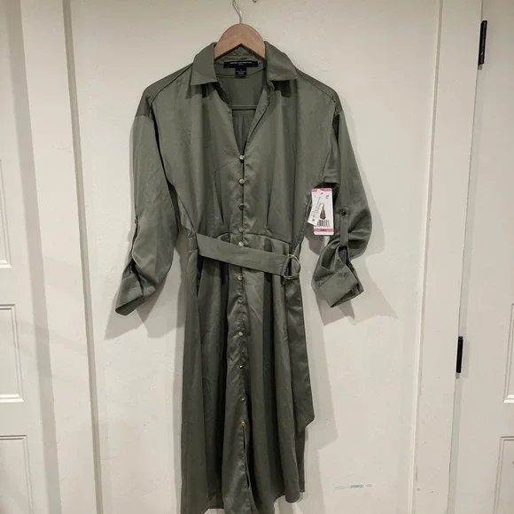 NWT French Connection Olive Green Shirt Dress Medium M Midi Belted Satin Career - Picture 3 of 11